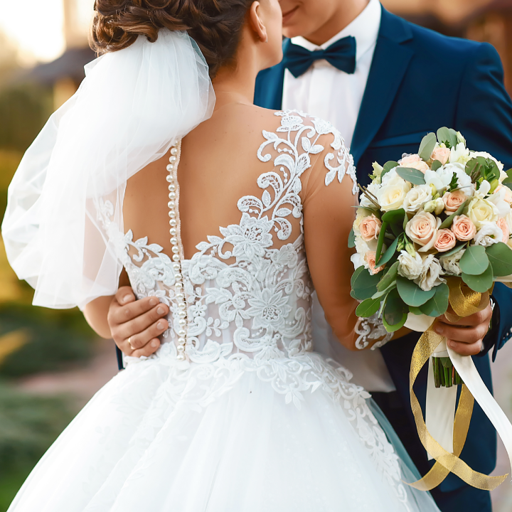 A bride and groom slow dancing